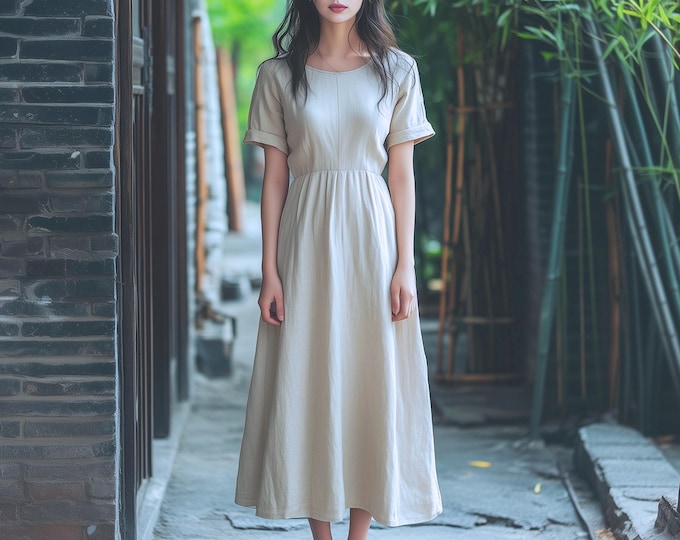 Anysize custom 100% linen short sleeves maxi dress with elastic waistband side pockets retro loose spring summer fall plus size dress F61CL