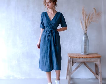 Abito midi in lino 100% con maniche corte e tasche laterali, scollo a V, taglie forti, abbigliamento taglie forti F9AL