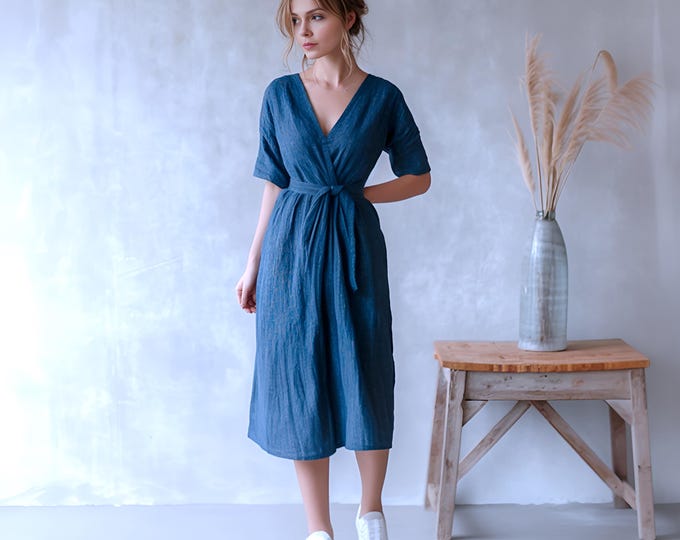 Anysize custom half sleeves 100% linen midi dress with side pockets v neck plus size dress plus size clothing F9AL