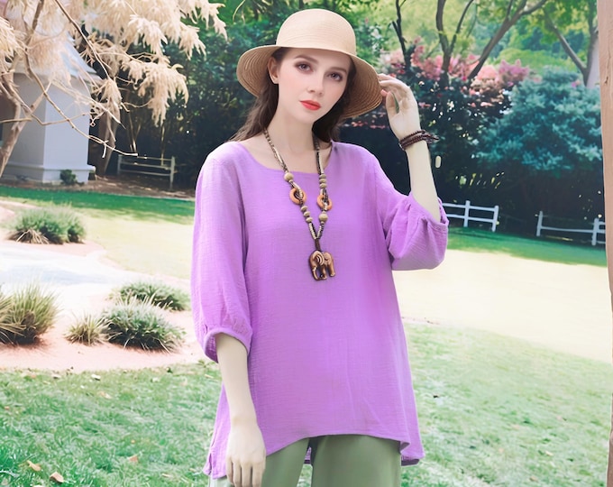 Anysize custom 100% linen 3/4 lantern sleeves summer tops vogue casual loose plus size shirt spring summer plus size clothing F34AL