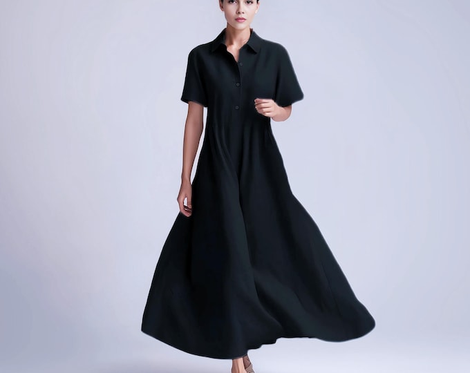 Anysize custom 100% linen dress short sleeves full skirt shirt dress with pockets spring summer plus size dress plus size clothing F84RL