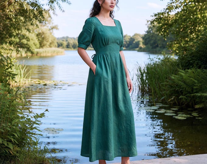 Anysize Custom 100% Linen Maxi Dress Square Neck Back Tie Dress Puff Sleeve Linen Dress Cottagecore Summer Dress with Pockets F39WL