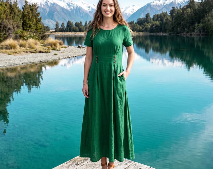 Anysize Custom 100% Linen Short Sleeve A-Line Dress with Decorative Button Detail Casual Summer Dress With Pockets Plus Size Dress F4WL