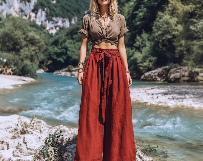 Anysize custom 100% linen wide leg pants floor length with pockets high elastic waist spring summer plus size pants plus size clothing F12RL