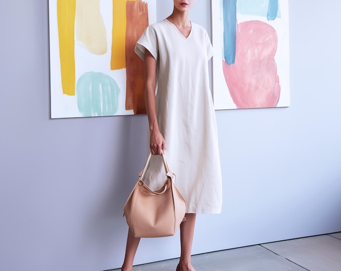 Anysize custom 100% linen short sleeves loose maxi dress with side pockets retro spring summer plus size dress plus size clothing F97DL