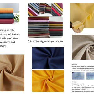 May include: An image showcasing various fabric samples in a range of colors, including orange, teal, and burgundy. The image highlights the fabric's smooth surface, color fastness, and soft texture. Text on the image describes the fabric's qualities and hemp knot details.