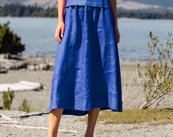 Anysize Custom 100% Linen Midi Skirt Elastic Waist High Waist A-Line Skirt Minimalist Summer Skirt Flowy Casual Plus Size Linen Skirt F93VL