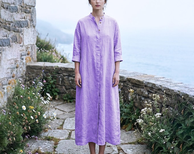 Anysize Custom 100% Linen Shirt Dress Long Sleeve Button Dress Minimalist Loose Fit Women’s Dress Plus Size Dress Plus Size Clothing F10UL