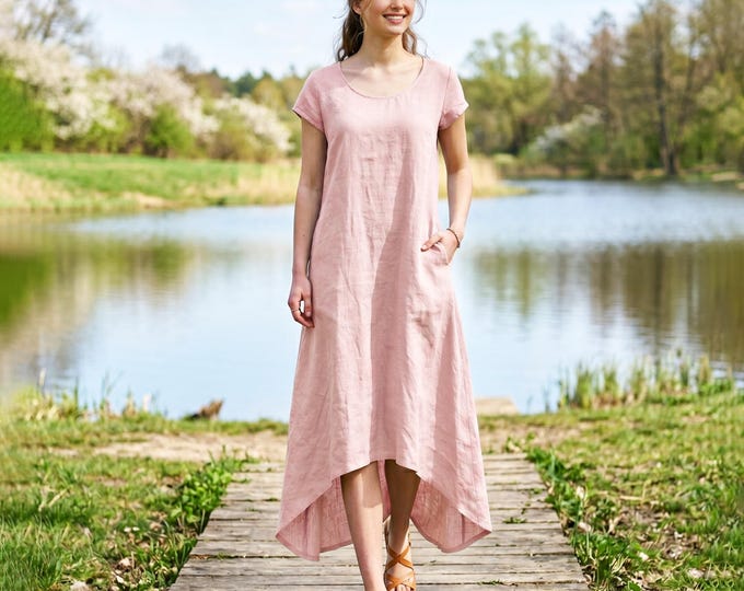 Anysize Custom 100% Linen Dress High Low Hem Dress Loose Fit Casual Summer Linen Maxi Dress Short Sleeve Dress with Pockets Plus Size F22WL