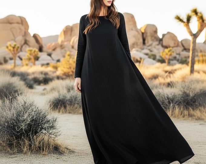 Anysize Custom Soft Linen Cotton Maxi Dress Long sleeves Plus Size A Line Dress With Round Neck Side Pockets Plus Size Clothing F4TE