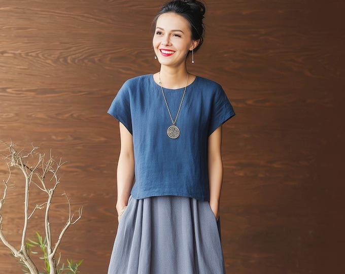 Anysize custom 100% linen round neck tops short sleeves loose blouse summer plus size tops plus size clothing F62JL