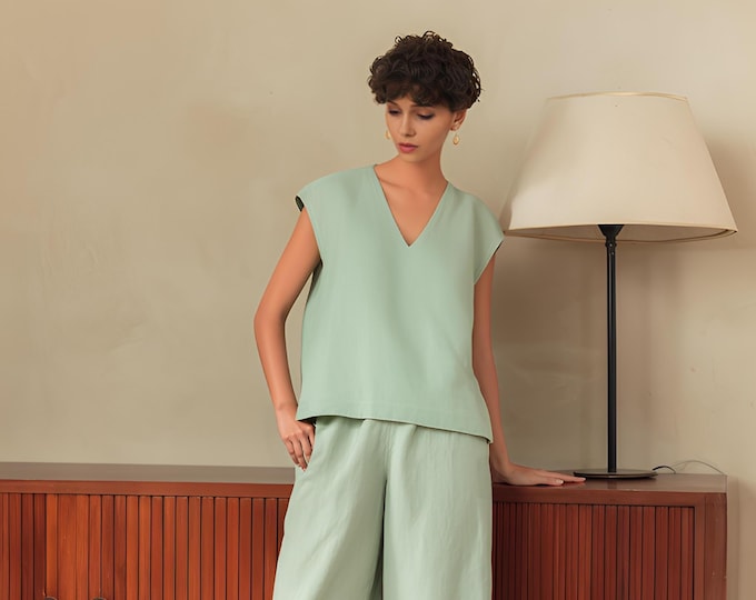 Anysize custom 100% linen cap sleeves blouses V neck casual loose summer shirt plus size tops plus size clothing F38YL