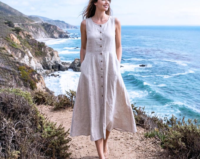 Anysize Custom 100% Natural Linen Dress Women Button Front Sleeveless Summer Beach Vacation Dress Plus Size Dress Plus Size Clothing F6VL