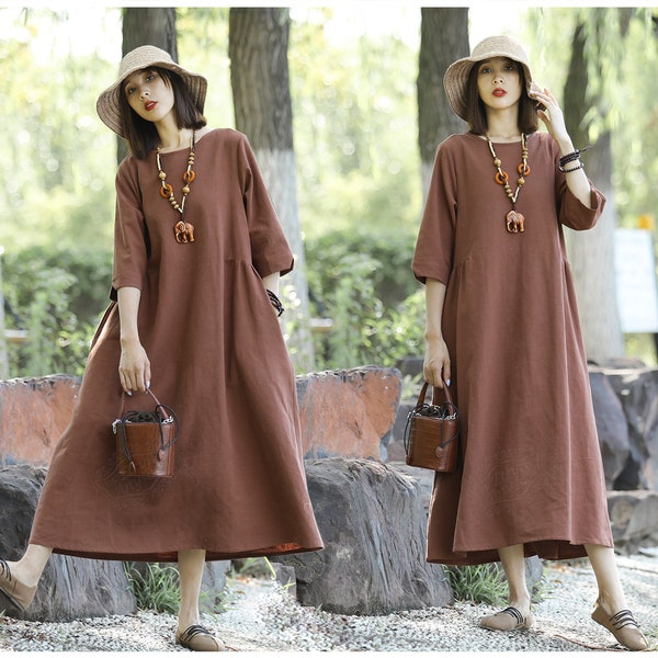 Anysize 3/4 sleeves shirred banding design thick linen cotton spring fall plus size maxi dress for women plus size clothing T247N