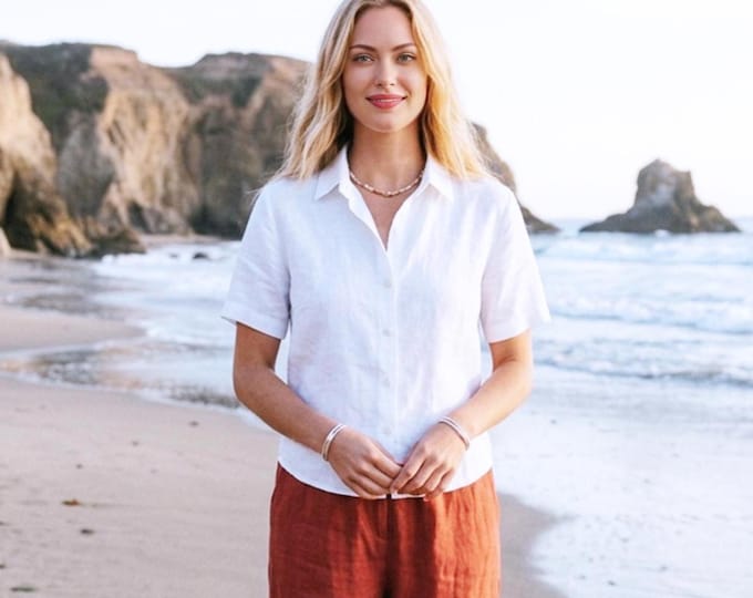 Anysize Custom 100% Linen Shirt Women Short Sleeve Button Down Shirt Minimal Summer Blouse Casual Linen Top Plus Size Clothing F74WL