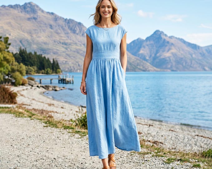 Anysize Custom 100% Linen Dress with Cap Sleeves Summer Sun Dress Minimalist Fit and Flare Maxi Linen Dress with Pockets F87VL