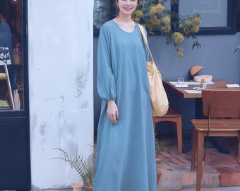 Anysize custom long sleeves thick linen maxi dress with side pockets spring fall winter robe plus size dress plus size clothing F582N