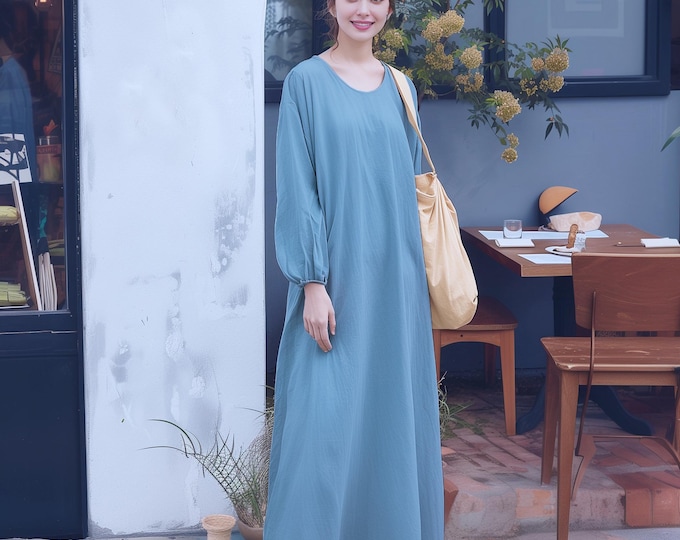 Anysize custom long sleeves thick linen maxi dress with side pockets spring fall winter robe plus size dress plus size clothing F582N