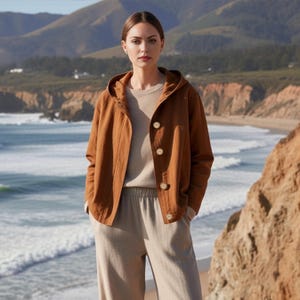 May include: A woman wearing a brown hooded jacket with three large buttons, a light beige sweater, and light beige trousers. The jacket has a relaxed fit. The background features a beach with ocean waves and mountains.