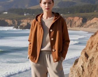 Anysize Custom Hooded Jacket Linen Cotton Long Sleeves Short Coat Spring Fall Plus Size Jacket Plus Size Clothing F82SN