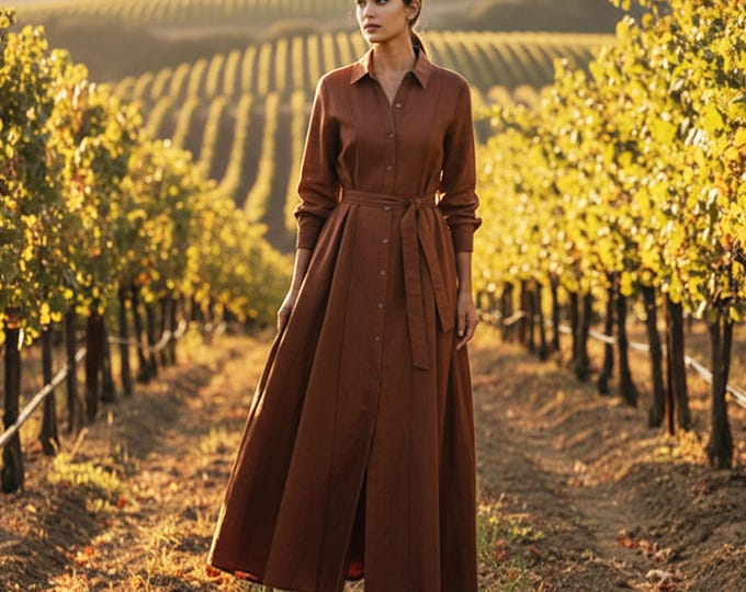 Anysize Custom Shirt Dress Belted Long Sleeves Linen Cotton Functional Buttons Dress Side Pockets Spring Fall Retro Plus Size Clothing F19TN