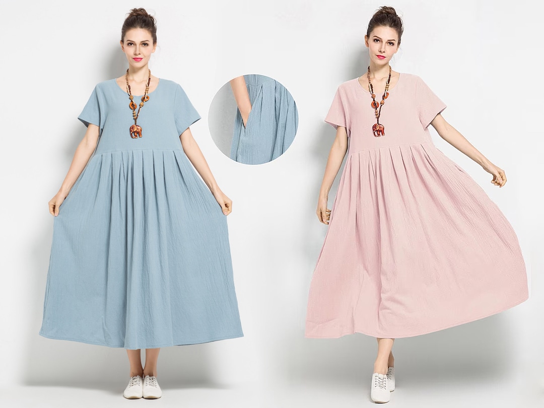 Anysize Spring Summer Pleated Dress Soft Linen Cotton Loose - Etsy