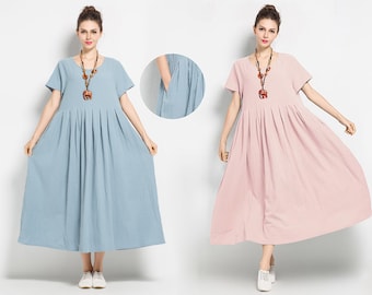 Anysize spring summer pleated dress soft linen cotton loose dress with side pockets plus size dress maxi fall dress clothing F122A