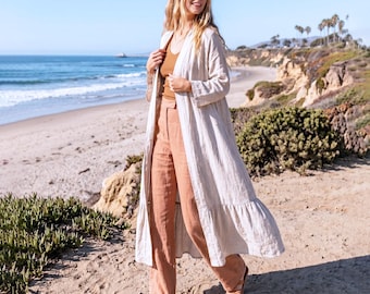 Anysize Custom 100% Linen Duster Women Long Sleeves Open Front Linen Cover Up Long Linen Cardiga, Lightweight Summer Beach Cover Up F52WL