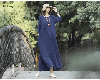 Anysize 3/4 sleeves flowy hem soft linen cotton kaftan spring fall maxi dress with side pockets plus size dress plus size clothing T249A