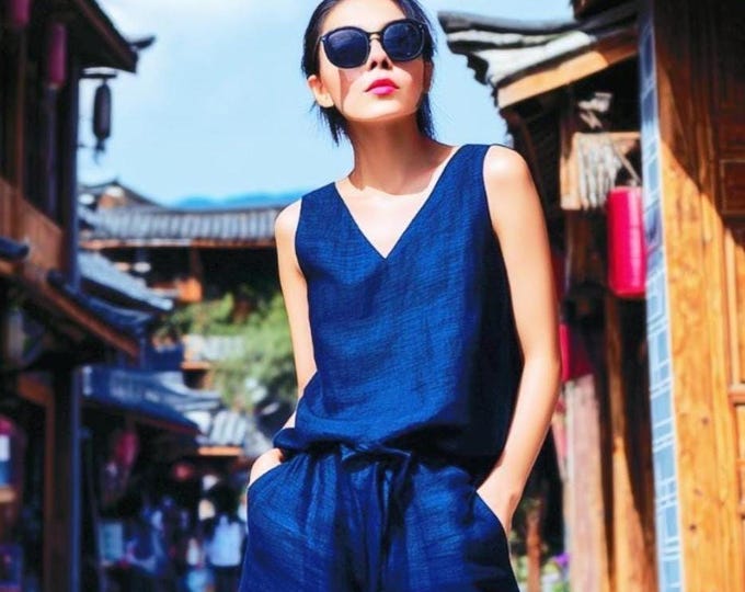 Anysize custom 100% linen sleeveless shirt loose tops deep V-neck linen undershirt plus size tops plus size clothing F3JL
