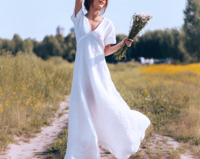 Anysize custom 100% linen v neck dress short sleeves spring summer long dress plus size dress plus size clothing F62YL