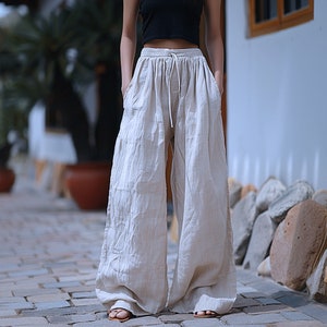 Anysize custom 100% linen wide leg trousers floor length with pockets elastic waist spring summer plus size pants plus size clothing F471L