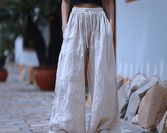 Anysize custom 100% linen wide leg trousers floor length with pockets elastic waist spring summer plus size pants plus size clothing F471L