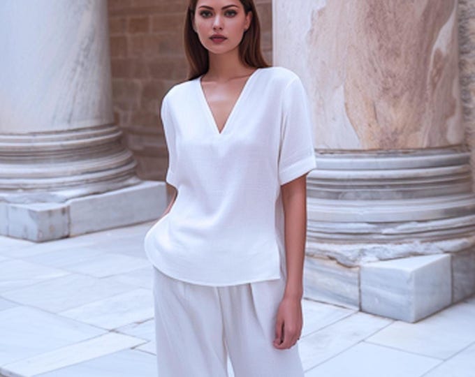 Anysize custom 100% linen shirt with side split tops V neck short sleeves loose blouse summer plus size tops plus size clothing F26YL