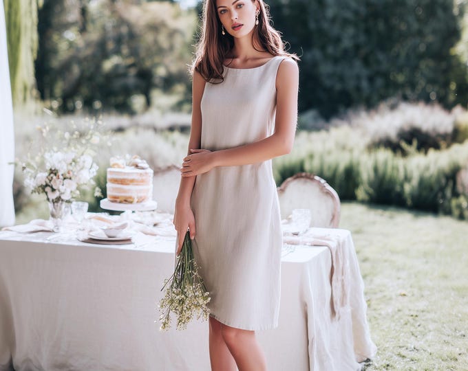 Anysize custom 100% linen dress sleeveless loose dress with side pockets knee length elegant summer plus size dress plus size clothing F35YL