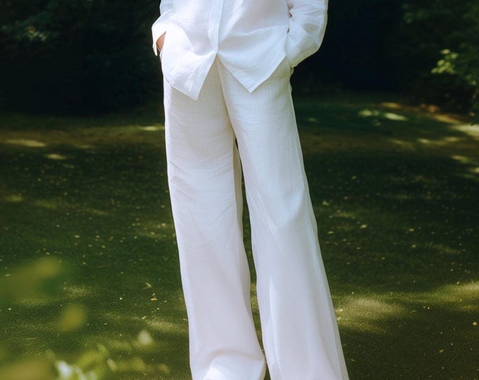 Anysize custom 100% linen pants with side pockets elastic waist spring summer plus size pants plus size clothing F50JL