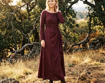 Anysize Custom Linen Cotton Long Sleeve Dress With Pockets Draped Waist Elegant Spring Fall Dress Plus Size Women Clothing F28HN