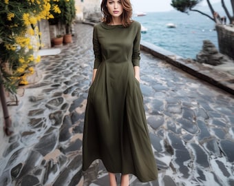 Anysize custom collared soft linen cotton plus size dress long sleeves with side pockets A-line spring fall plus size clothing F89PE