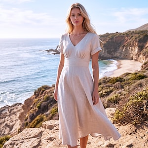 Anysize Custom 100% Linen Dress for Women Deep V Neck Fitted Waist A Line Dress With Pockets Summer Vacation Outfit Back Zipper Dress F93UL image 3