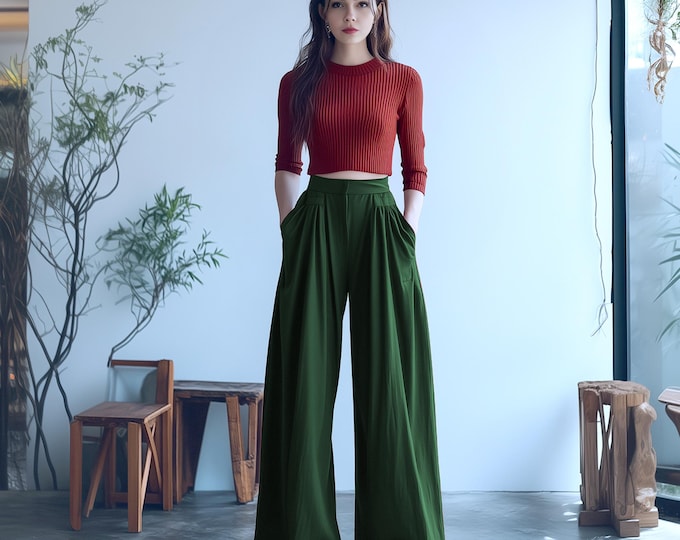 Anysize custom linen cotton woman pants spring fall elastic waist wide legs trousers plus size pants plus size clothing F825E