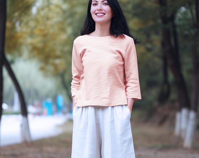 Anysize custom 100% linen 3/4 sleeves blouses classic casual loose summer shirt v neck t-shirts plus size tops plus size clothing F14JL