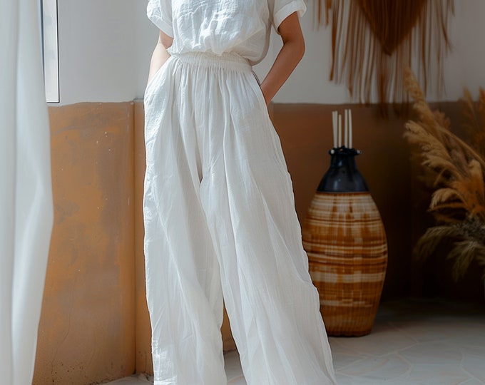 Anysize custom 100% linen elastic high-waisted trousers side pockets casual loose spring summer plus size pants plus size clothing F439L