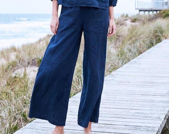 Anysize Custom 100% Linen Elastic Waist Pants With Side Pockets Casual Loose Spring Summer Plus Size Pants Plus Size Clothing F92TL