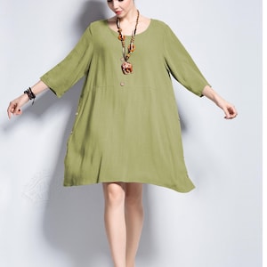Anysize 3/4 sleeves soft linen cotton buttond midi dress casual loose spring summer plus size dress plus size conthing Y379Q