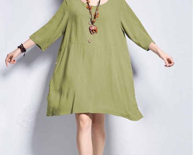 Anysize 3/4 sleeves soft linen cotton buttond midi dress casual loose spring summer plus size dress plus size conthing Y379Q