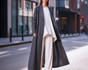 Anysize Custom Collared Maxi Cardigan Linen Cotton Long Sleeves Coat With Pockets Spring Fall Plus Size  Clothing F28TN