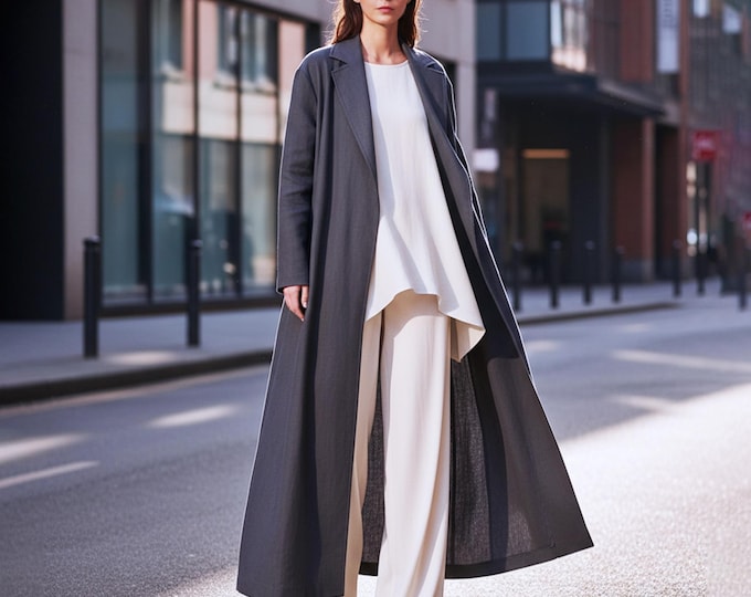 Anysize Custom Collared Maxi Cardigan Linen Cotton Long Sleeves Coat With Pockets Spring Fall Plus Size  Clothing F28TN