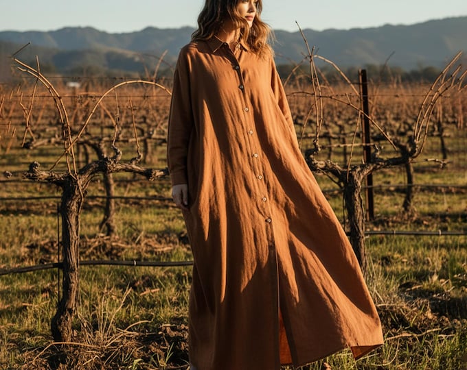 Anysize Custom Loose Shirt Dress Long Sleeves Linen Cotton Dress With Functional Buttons Side Pockets Spring Fall Plus size Dress F90PN