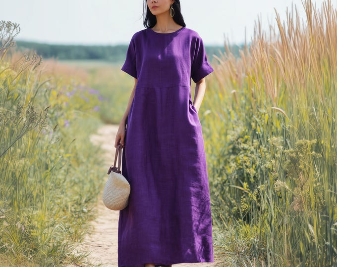 Anysize custom 100% linen maxi dress with side pockets spring summer loose dress plus size dress plus size clothing F74RL