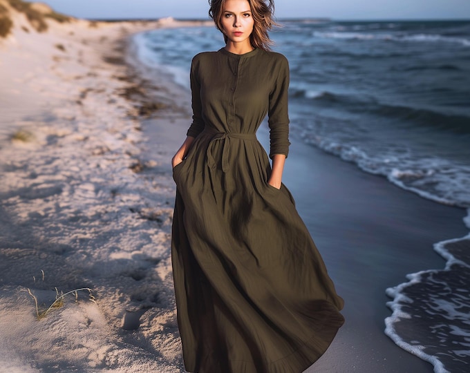 Anysize custom belted soft linen cotton plus size dress with functional buttons side pockets spring fall plus size clothing F75PE